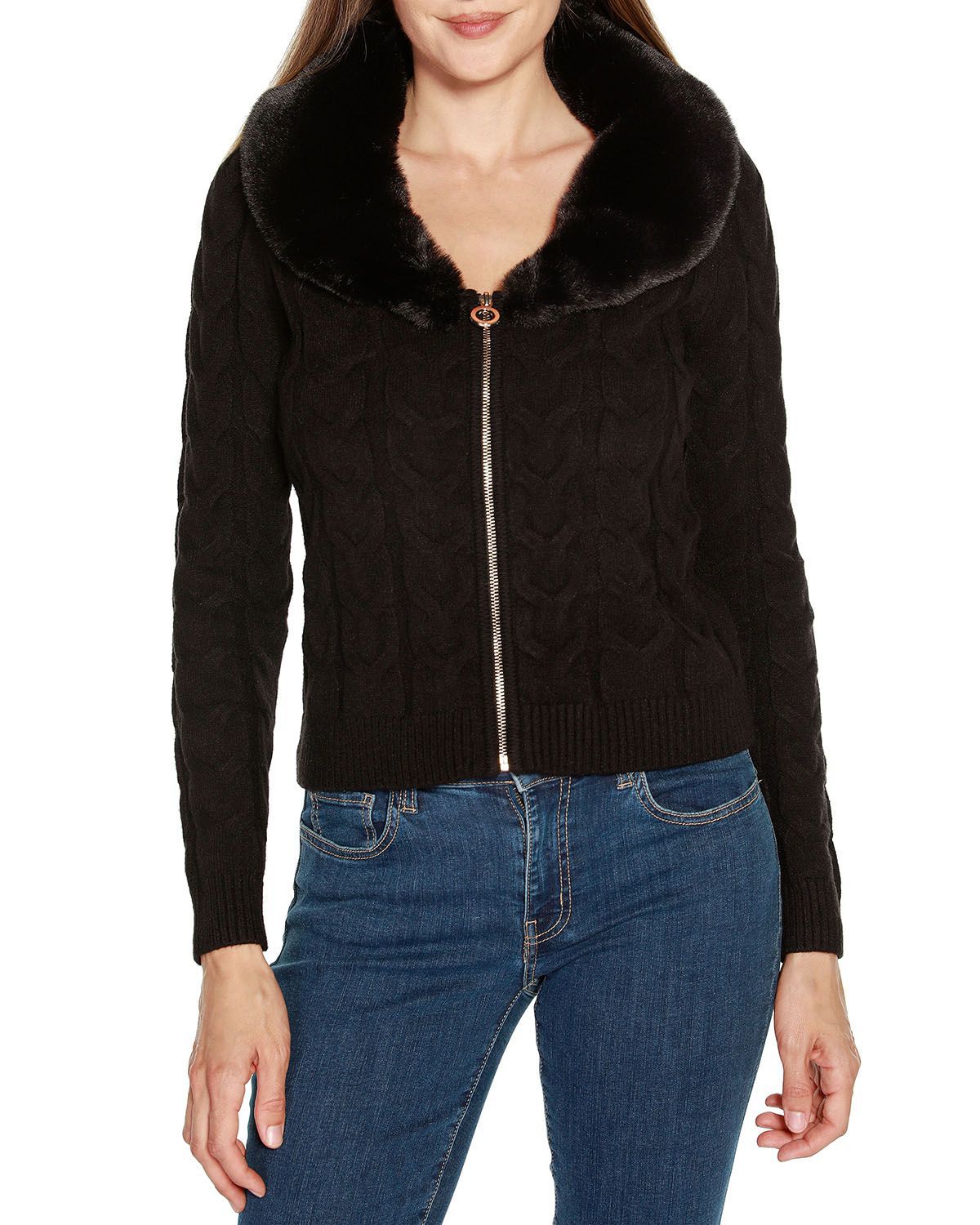 Faux Fur Collared Cable Cardigan
