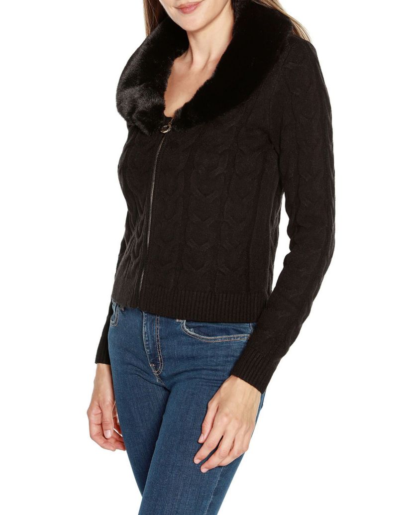Faux Fur Collared Cable Cardigan