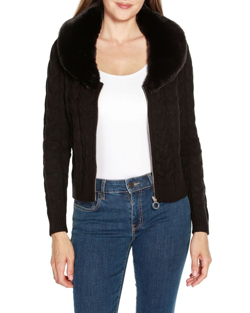 Faux Fur Collared Cable Cardigan
