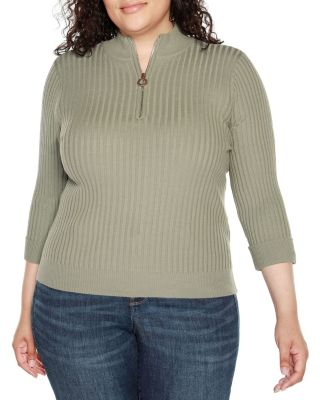 Belldini Black Label Women's Plus Size Ribbed Quarter-Zip Sweater, Sage, 3X