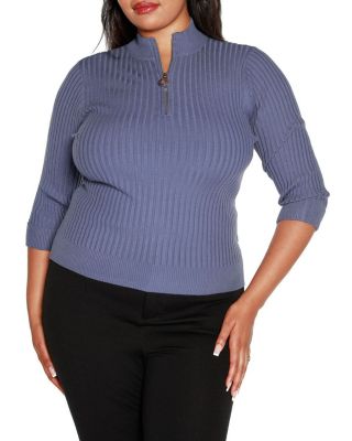 Belldini Black Label Women's Plus Size Ribbed Quarter-Zip Sweater