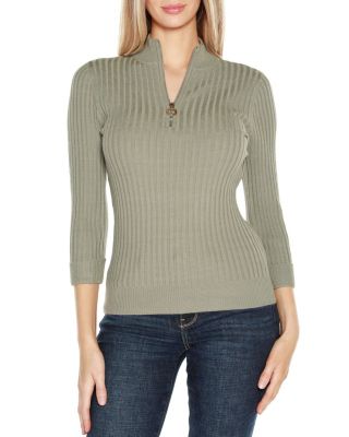Belldini Black Label Women's Ribbed Quarter-Zip Sweater, Sage, XL