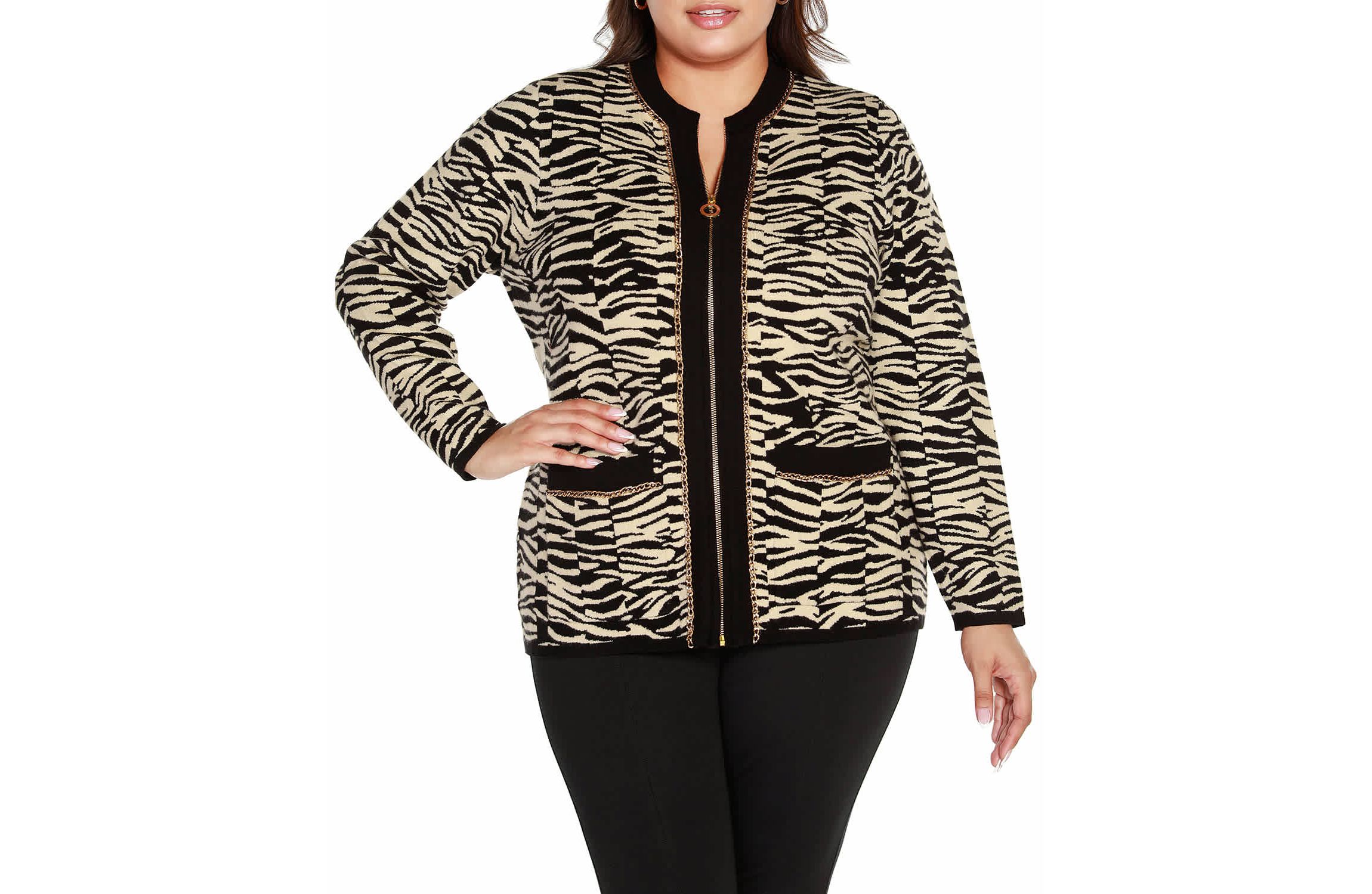 Plus Size Zebra Jacquard Sweater Jacket