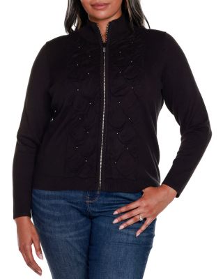 Belldini Black Label Women's Plus Size Rhinestone-Zip Embellished Cardigan Sweater, 2X