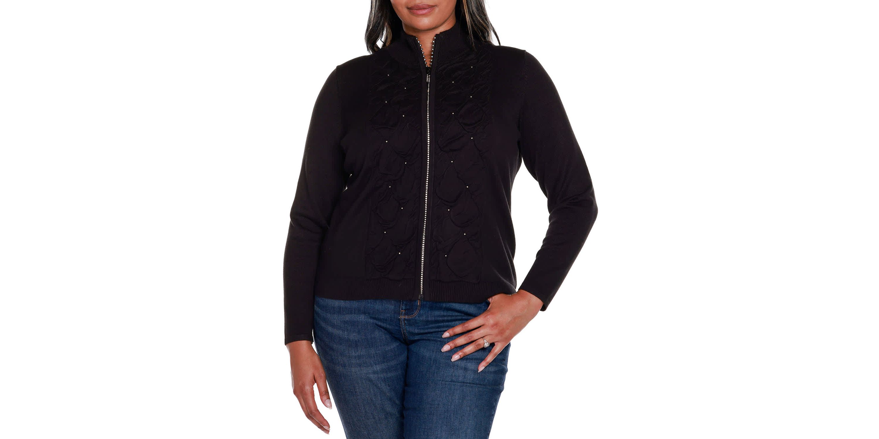Plus Size Rhinestone-Zip Embellished Cardigan Sweater