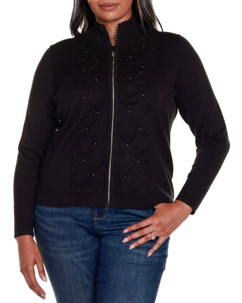 Plus Size Rhinestone-Zip Embellished Cardigan Sweater