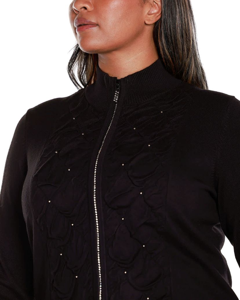 Plus Size Rhinestone-Zip Embellished Cardigan Sweater