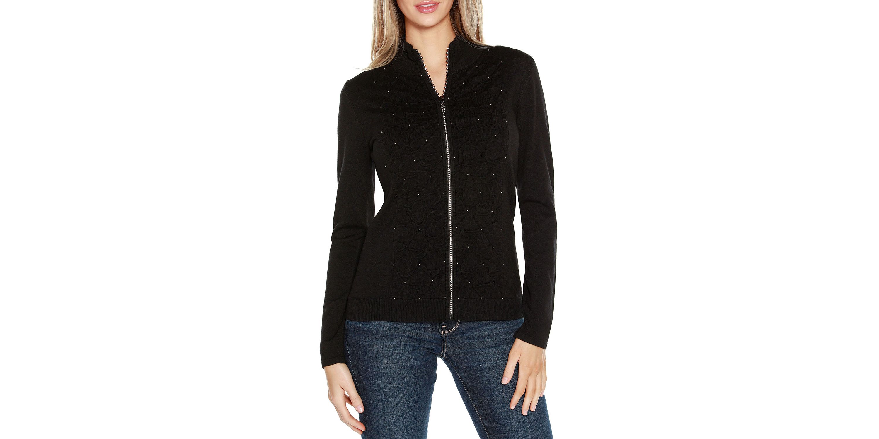 Rhinestone-Zip Embellished Cardigan Sweater