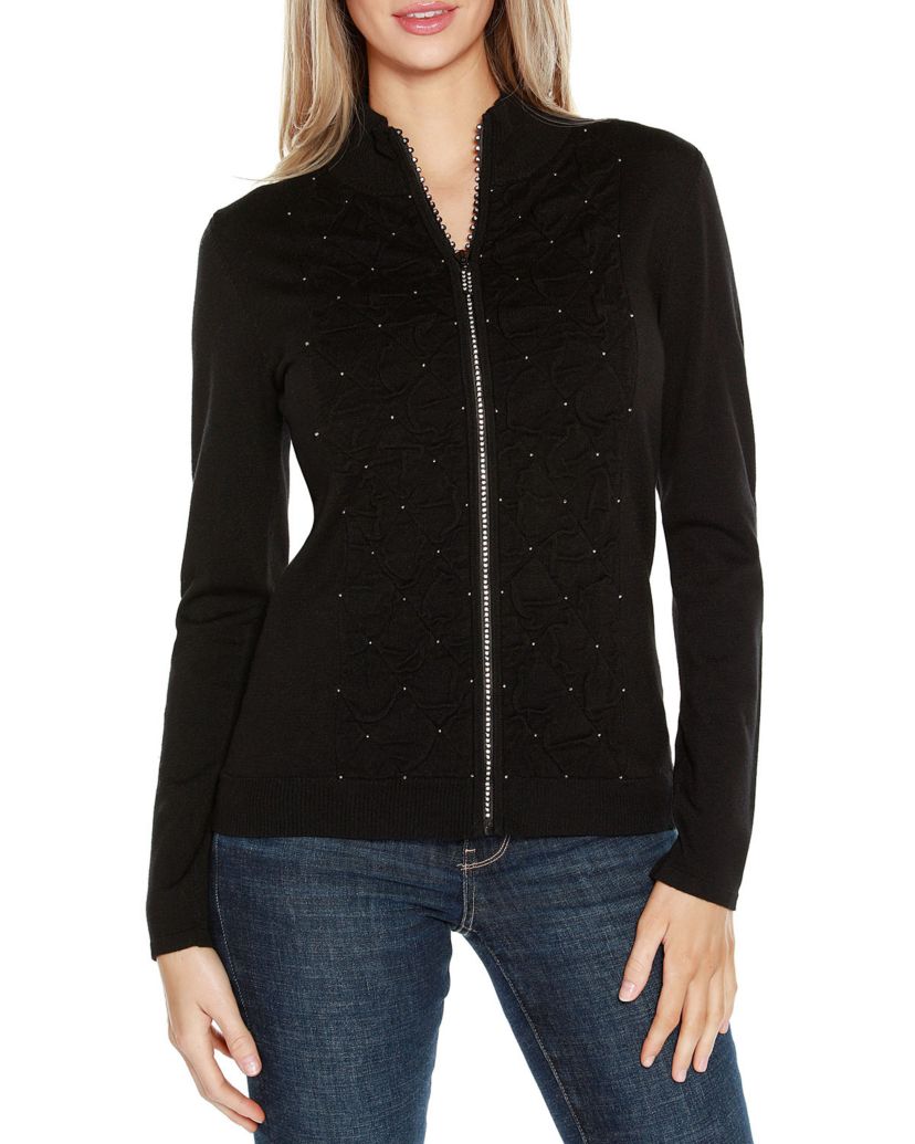 Rhinestone-Zip Embellished Cardigan Sweater
