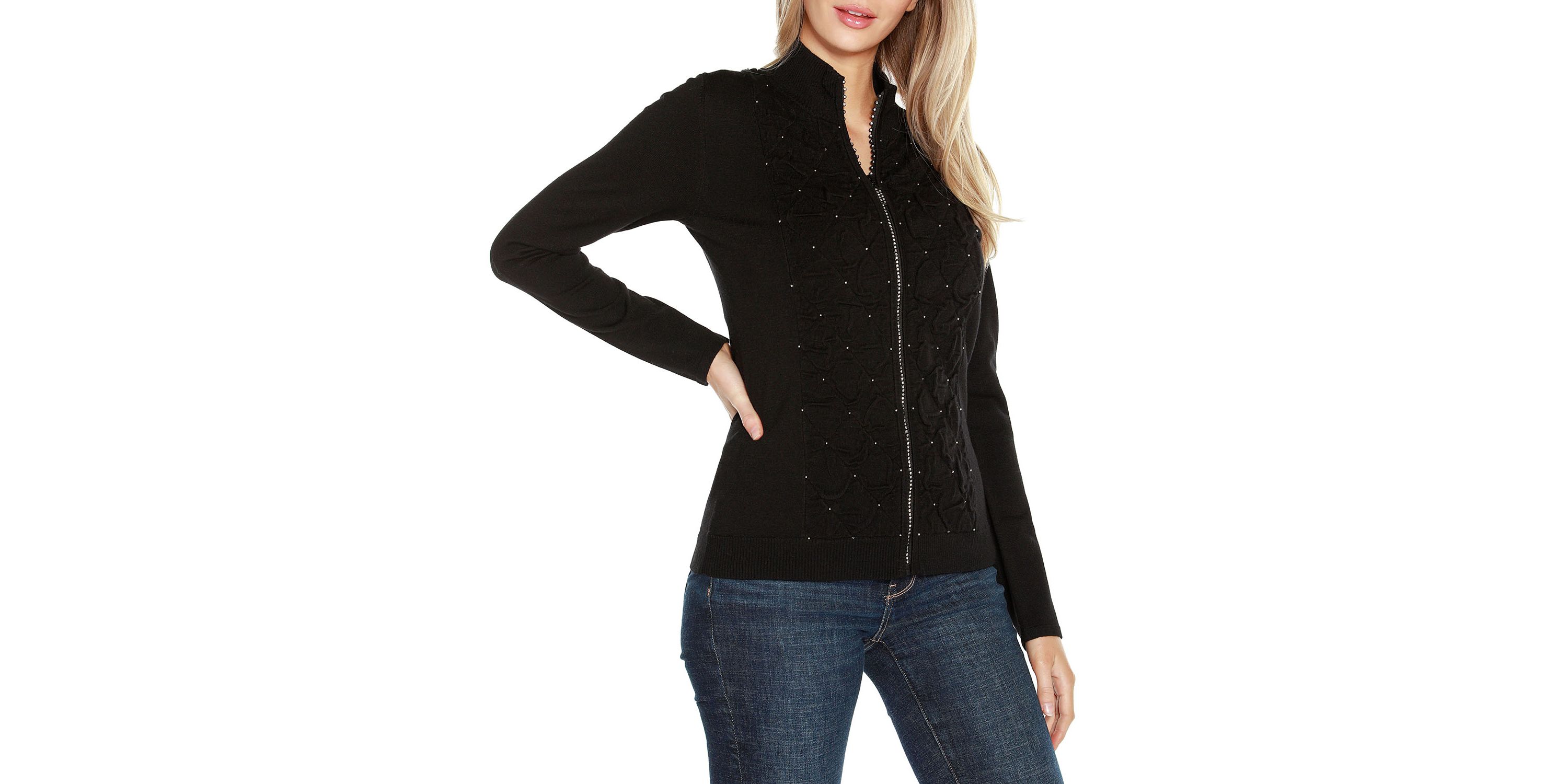 Rhinestone-Zip Embellished Cardigan Sweater