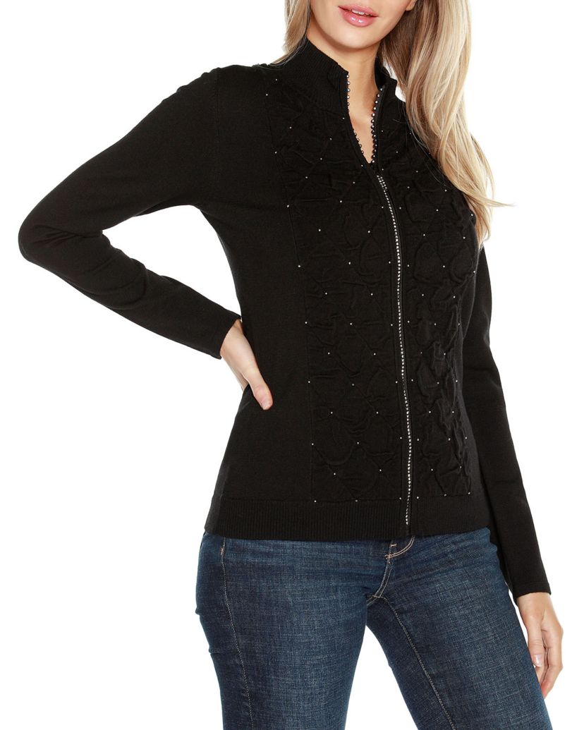 Rhinestone-Zip Embellished Cardigan Sweater