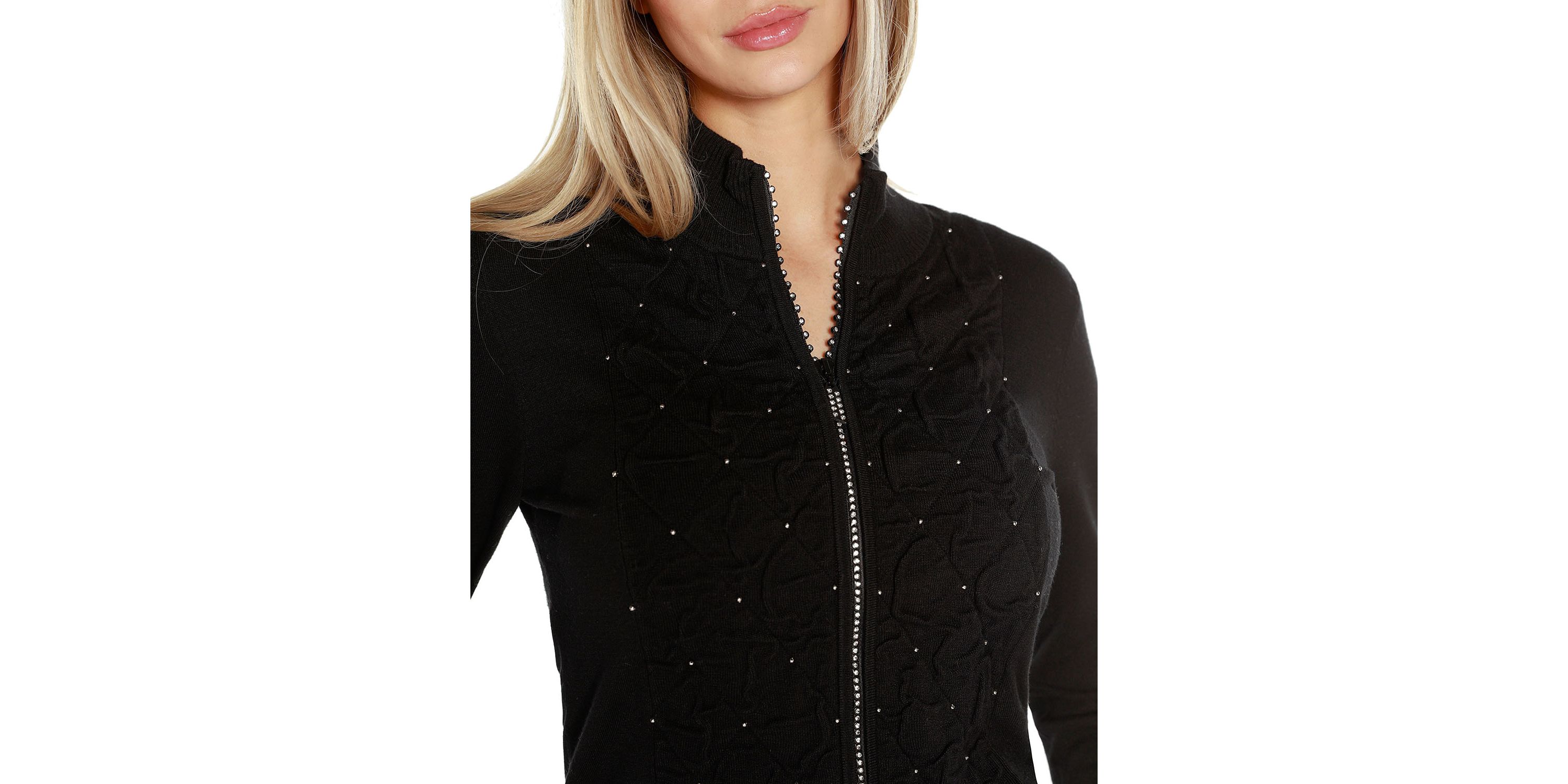 Rhinestone-Zip Embellished Cardigan Sweater