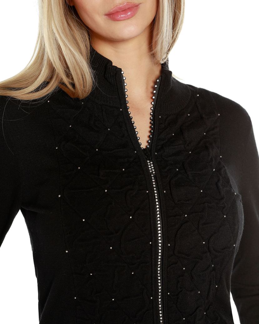 Rhinestone-Zip Embellished Cardigan Sweater