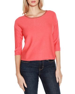 Belldini Black Label Women's Chain Detail 3/4-Sleeve Sweater, Coral, Medium