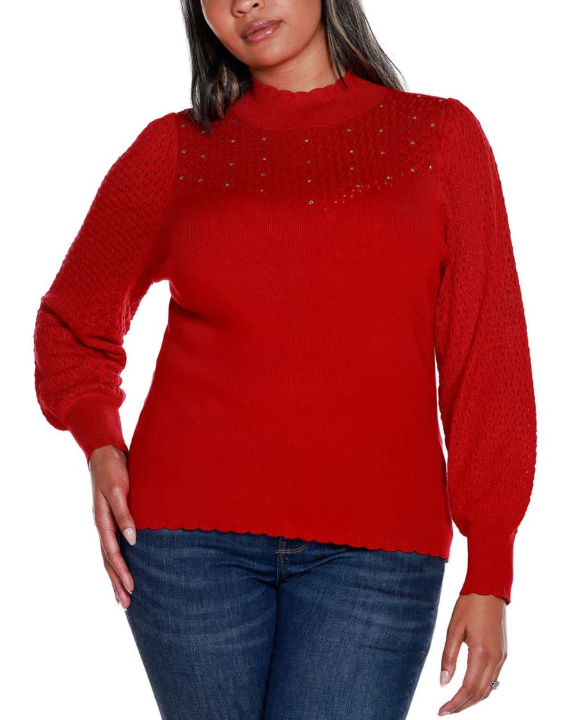 Plus Size Pointelle and Rhinestone Detail Sweater