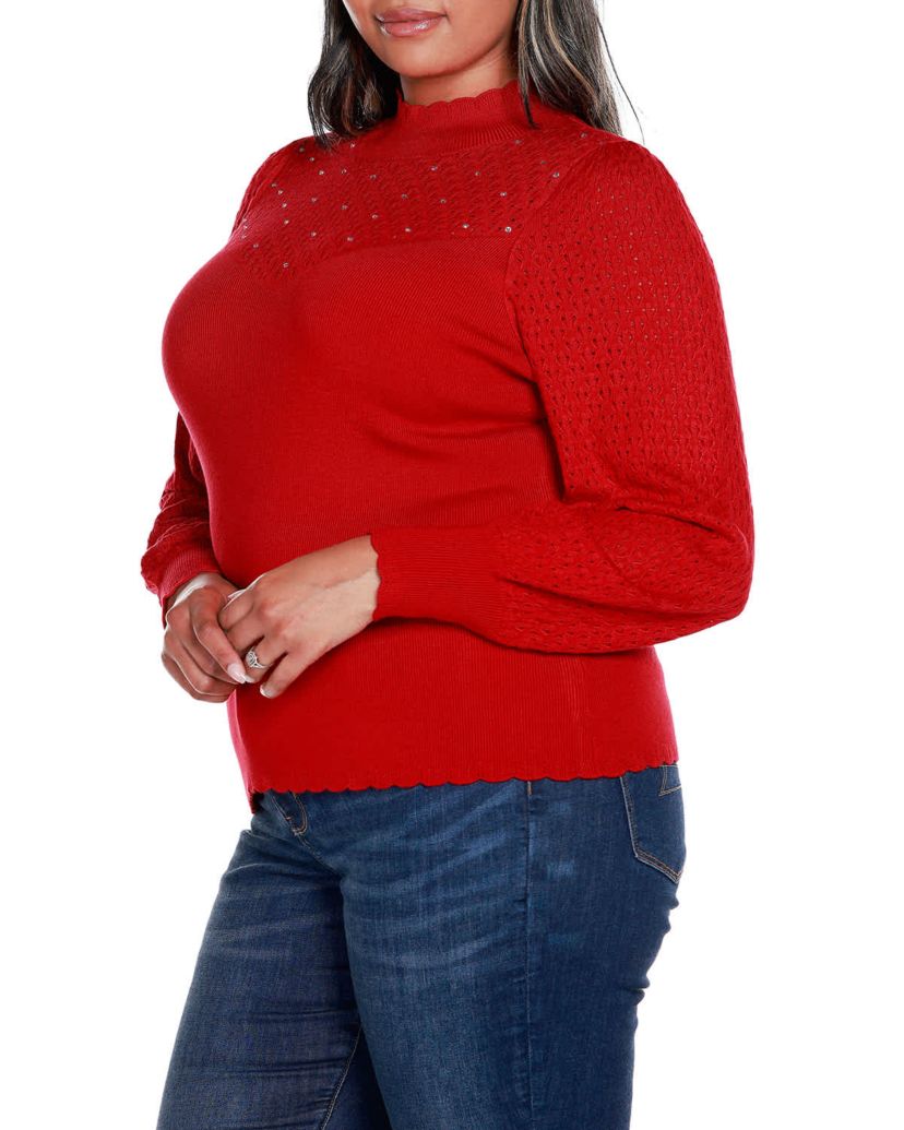 Plus Size Pointelle and Rhinestone Detail Sweater