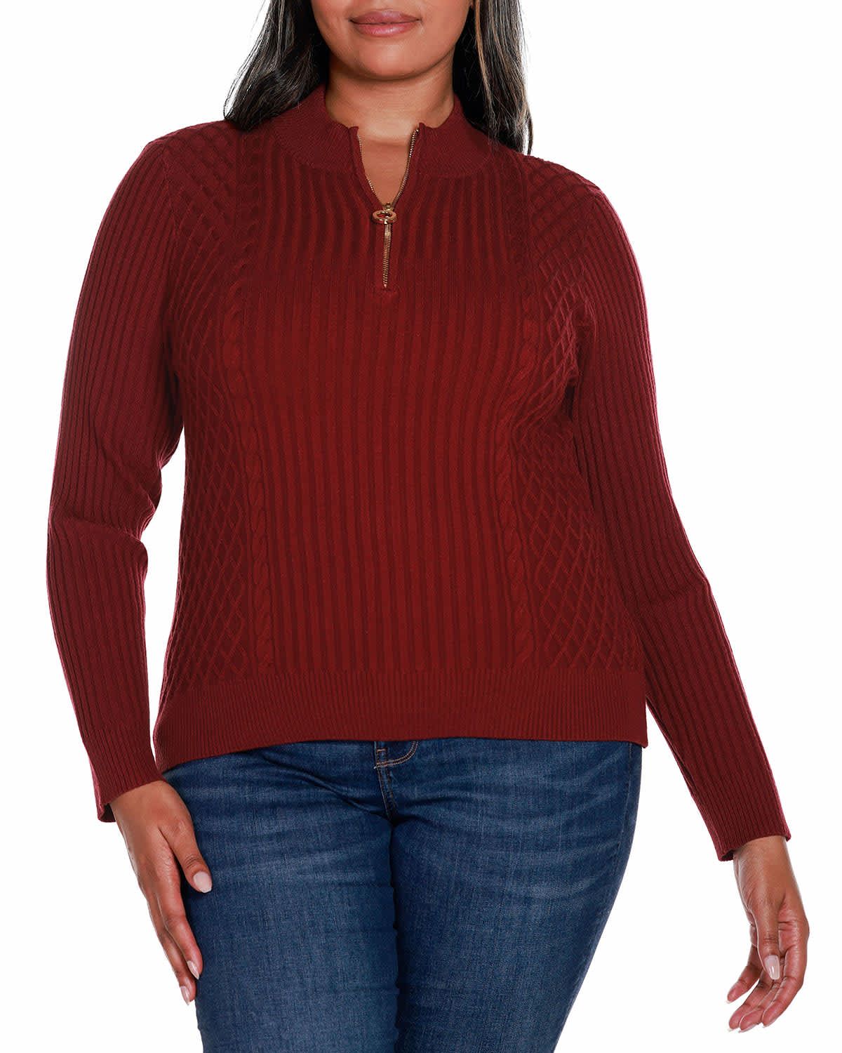 Plus Size Rib and Cable Quarter-Zip Sweater