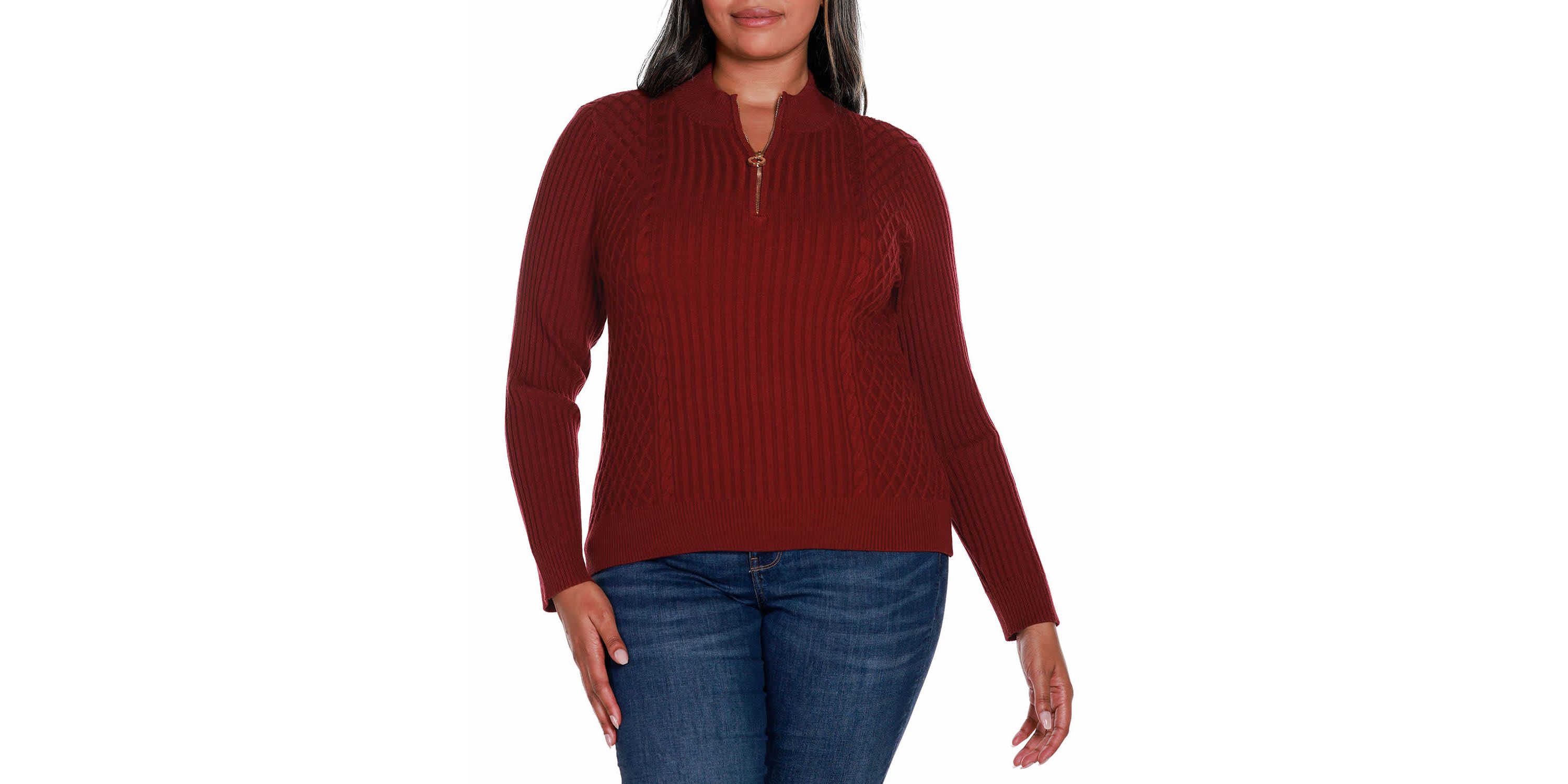 Plus Size Rib and Cable Quarter-Zip Sweater