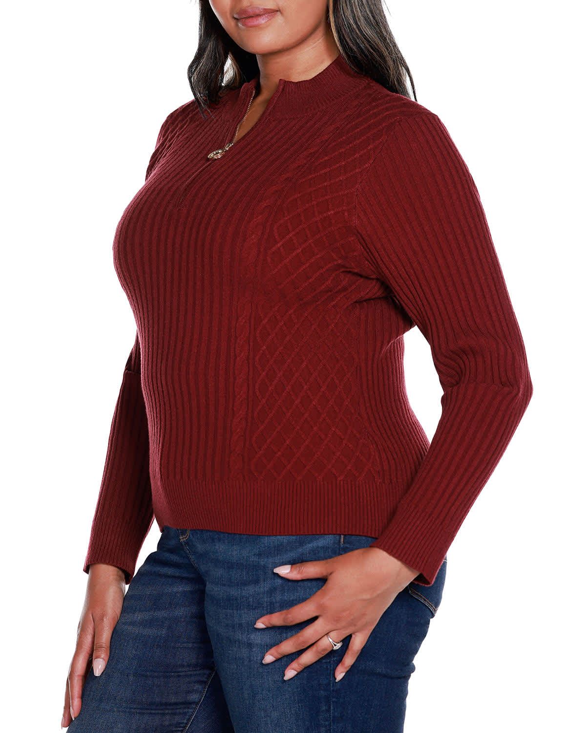 Plus Size Rib and Cable Quarter-Zip Sweater