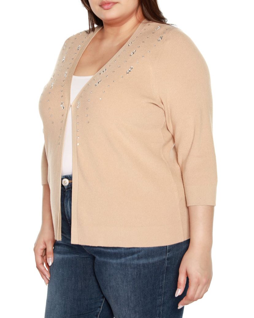 Plus Size Rhinestone Embellished Open-Front Cardigan