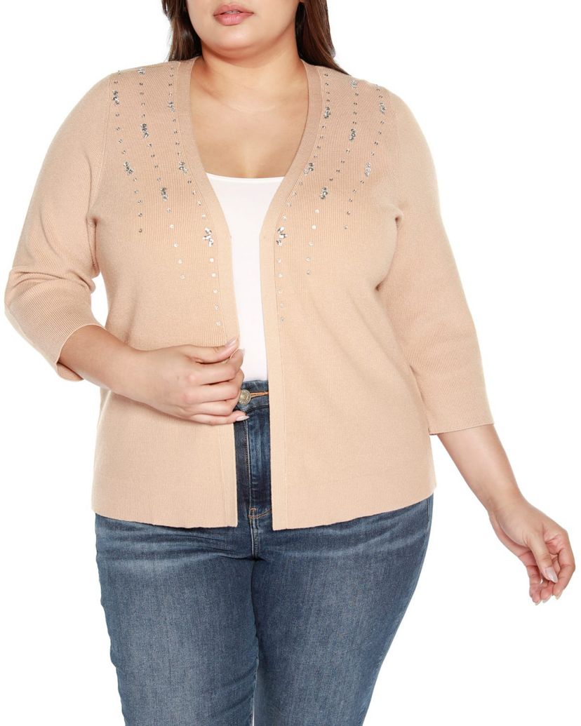 Plus Size Rhinestone Embellished Open-Front Cardigan