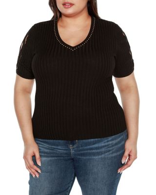 Belldini Black Label Women's Plus Size Embellished Criss Cross Sleeve Sweater, 1X