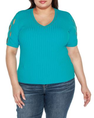 Belldini Black Label Women's Plus Size Embellished Criss Cross Sleeve Sweater