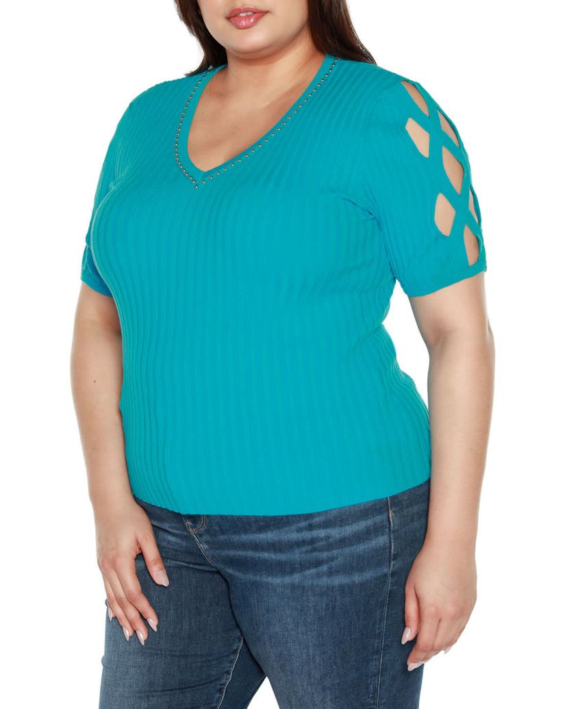 Plus Size Embellished Criss Cross Sleeve Sweater