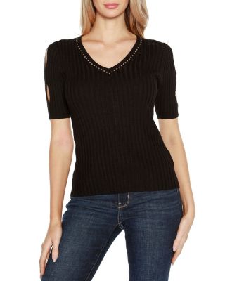 Belldini Black Label Women's Embellished Criss Cross Sleeve Sweater, XL
