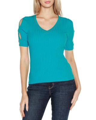 Belldini Black Label Women's Embellished Criss Cross Sleeve Sweater, Blue, XL