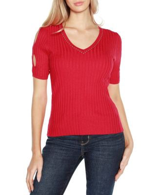 Belldini Black Label Women's Embellished Criss Cross Sleeve Sweater, XL
