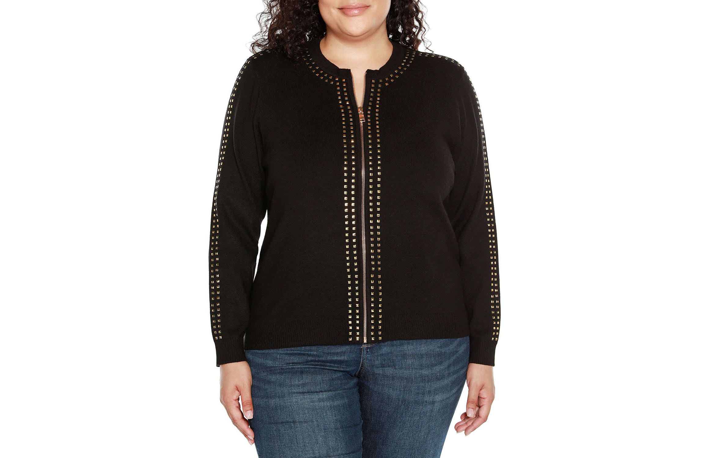 Plus Size Crewneck Embellished Zip Cardigan Sweater