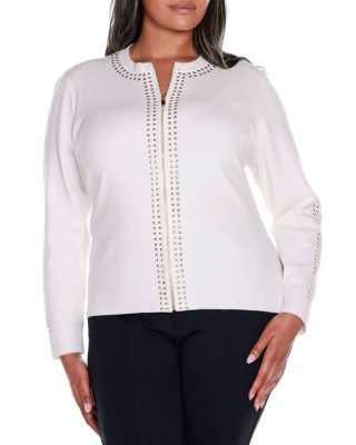 Belldini Black Label Women's Plus Size Crewneck Embellished Zip Cardigan Sweater, 3X
