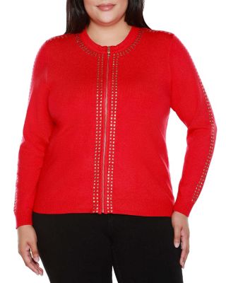 Belldini Black Label Women's Plus Size Crewneck Embellished Zip Cardigan Sweater, 1X