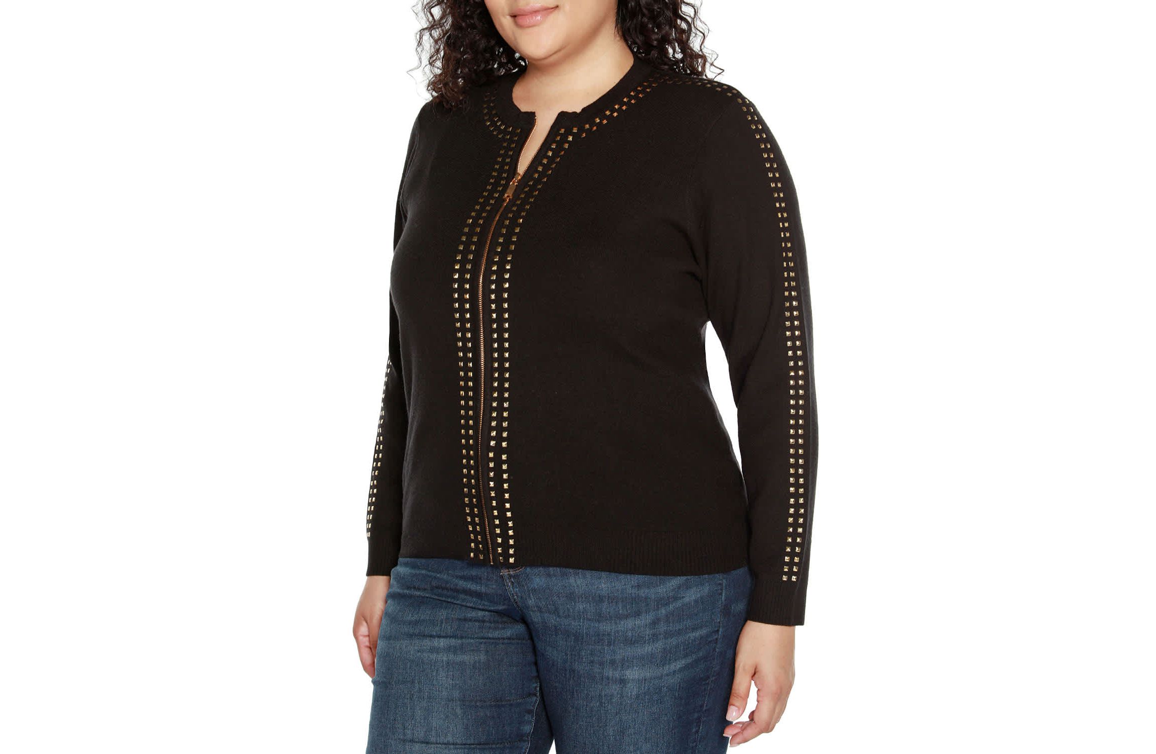 Plus Size Crewneck Embellished Zip Cardigan Sweater