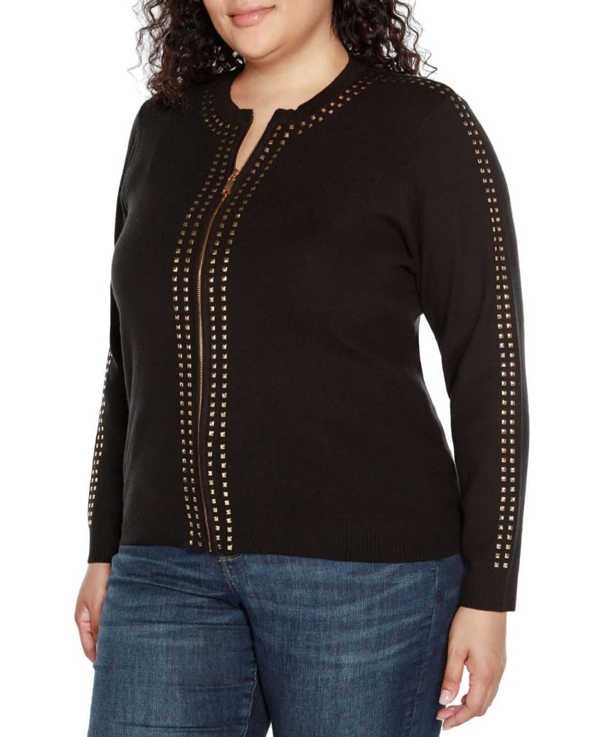 Plus Size Crewneck Embellished Zip Cardigan Sweater