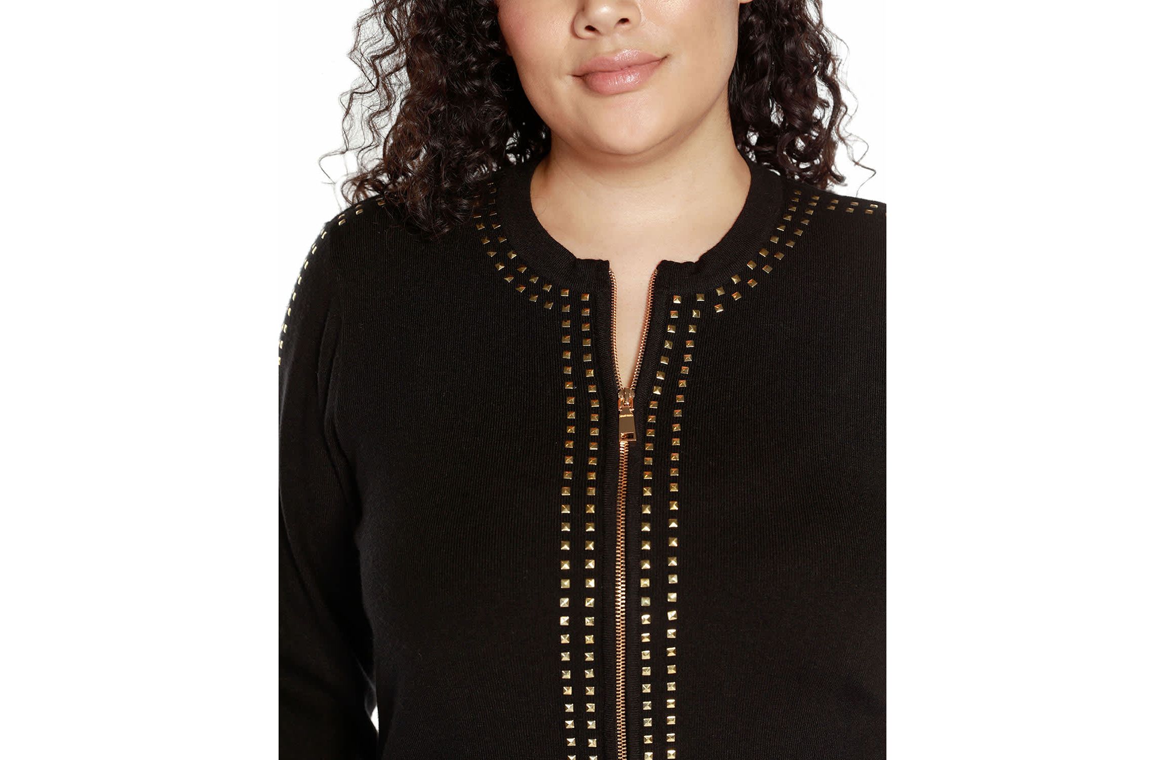 Plus Size Crewneck Embellished Zip Cardigan Sweater