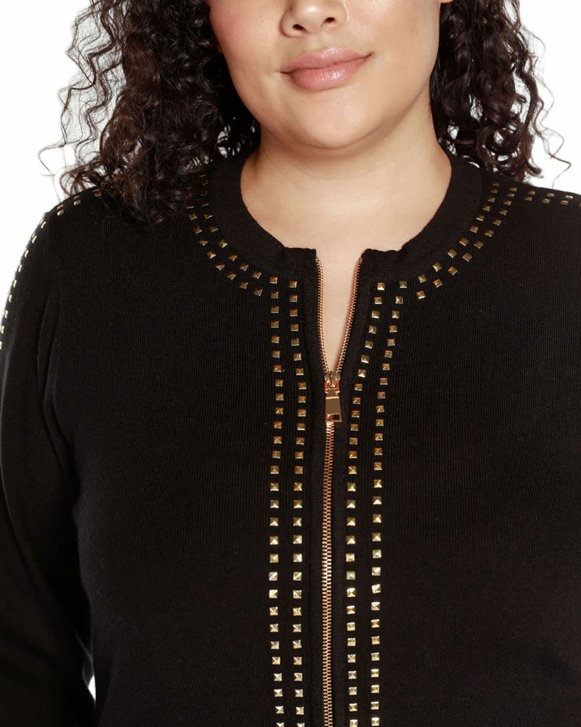 Plus Size Crewneck Embellished Zip Cardigan Sweater
