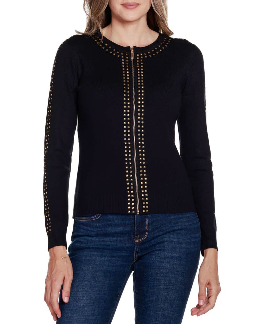 Crewneck Embellished Zip Cardigan Sweater
