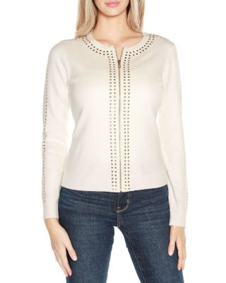 Belldini Black Label Women's Crewneck Embellished Zip Cardigan Sweater, White, XL