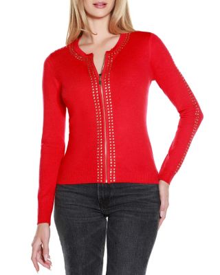 Belldini Black Label Women's Crewneck Embellished Zip Cardigan Sweater, XL