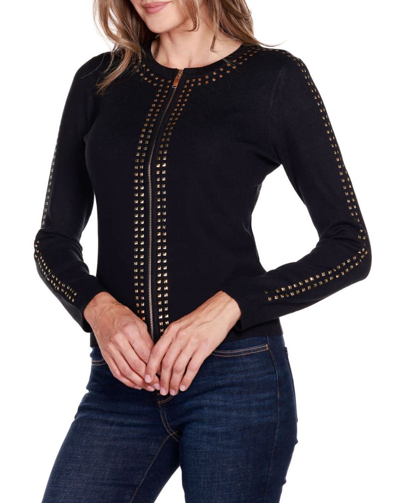 Crewneck Embellished Zip Cardigan Sweater