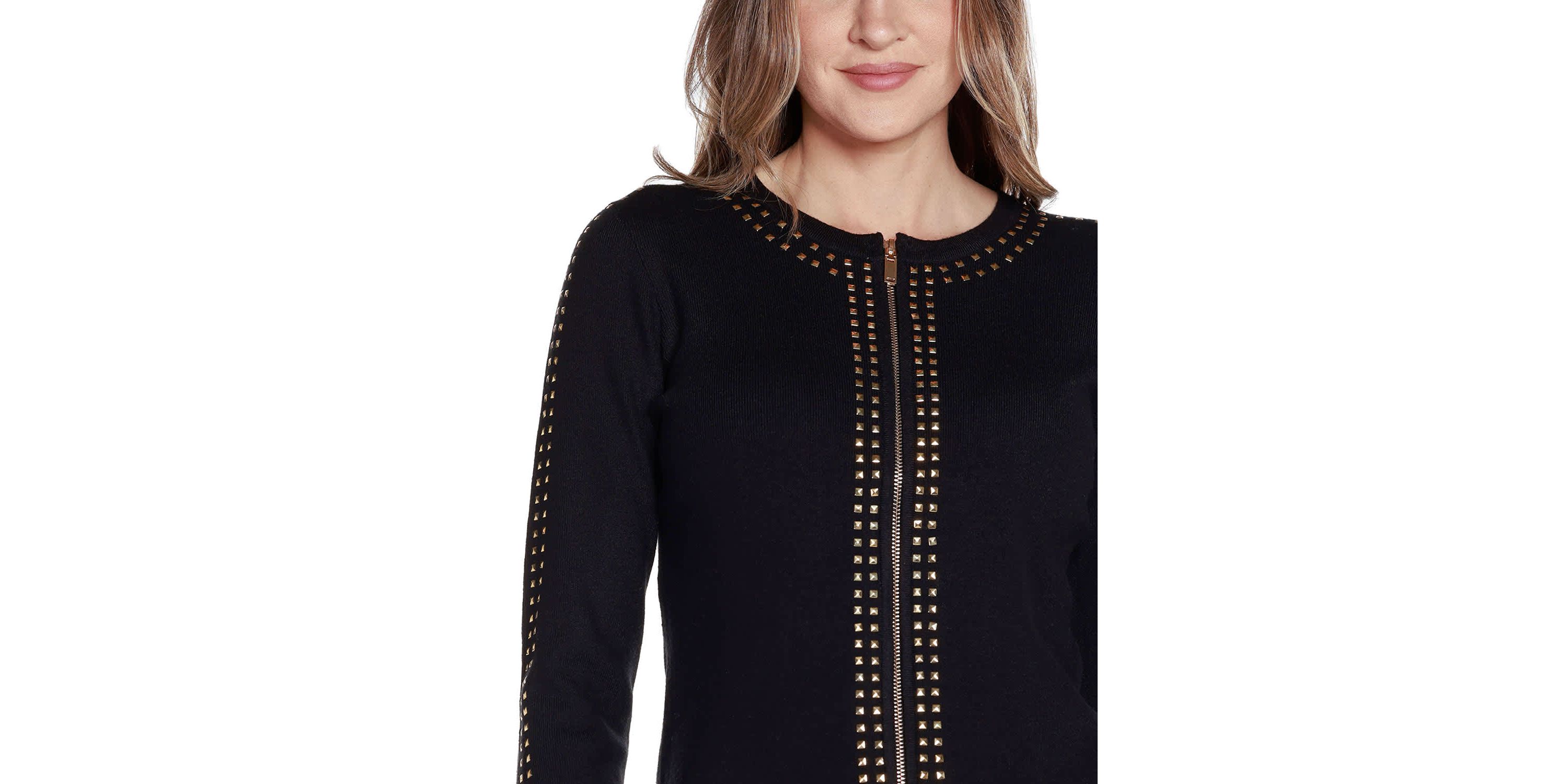 Crewneck Embellished Zip Cardigan Sweater
