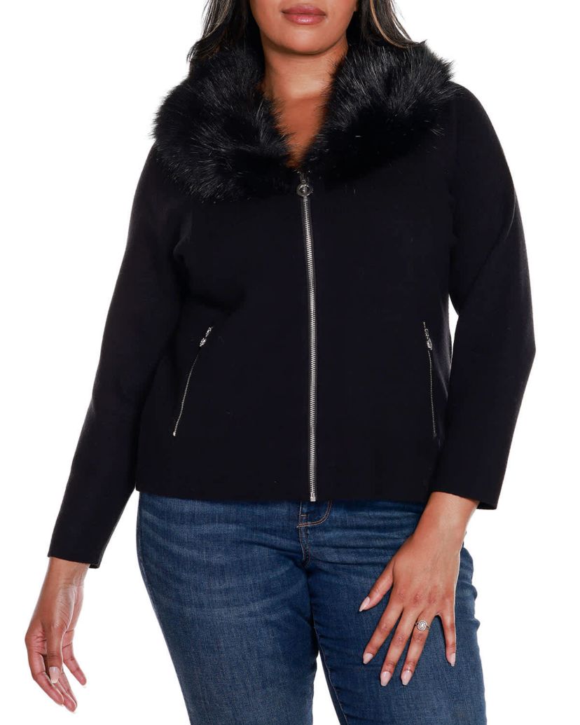 Belldini Black Label Plus Size Faux Fur Collar Short Zip Cardigan