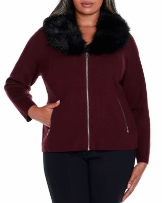 Belldini Black Label Women's Plus Size Faux Fur Collar Short Zip Cardigan Sweater, 3X