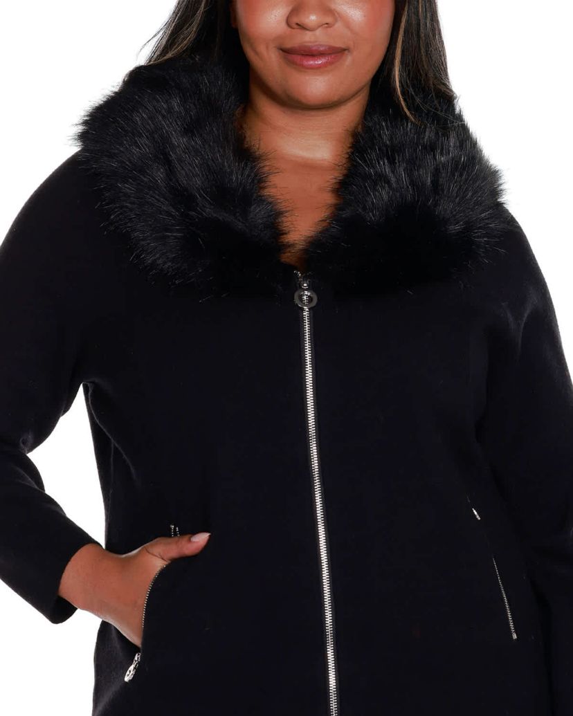 Belldini Black Label Plus Size Faux Fur Collar Short Zip Cardigan