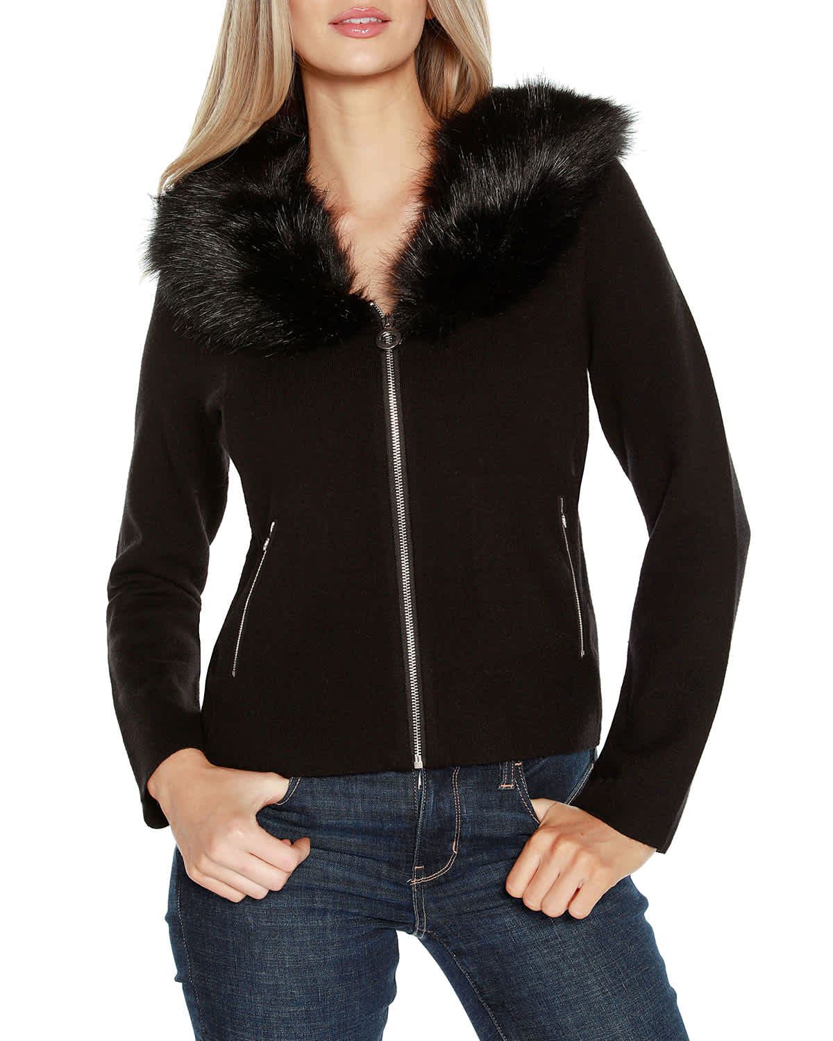 Faux Fur Collar Short Zip Cardigan Sweater