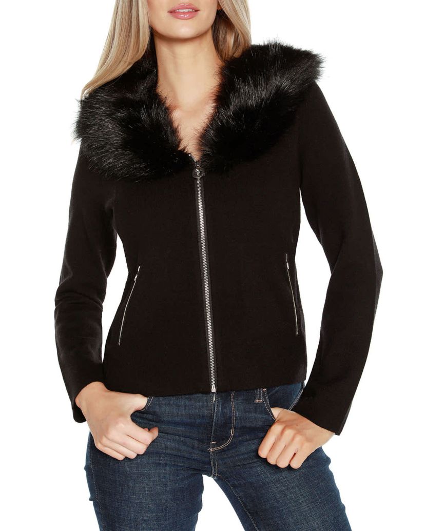 Faux Fur Collar Short Zip Cardigan Sweater