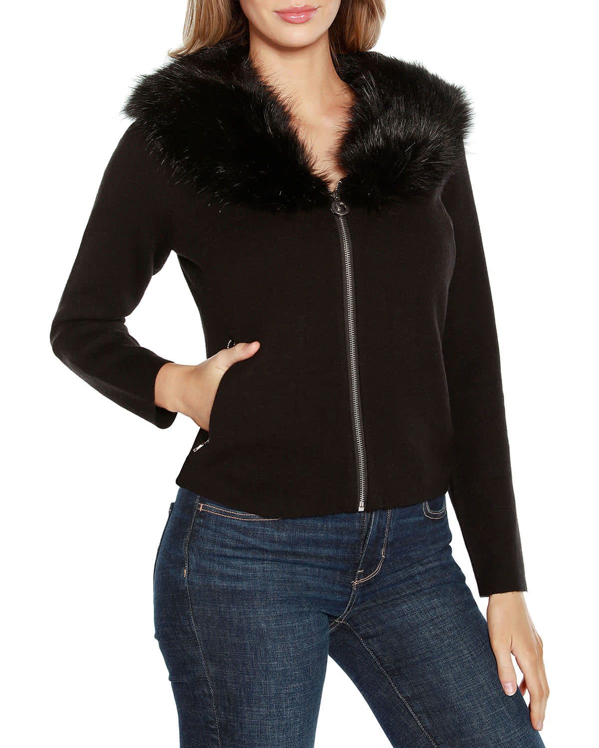 Faux Fur Collar Short Zip Cardigan Sweater