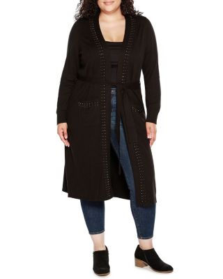 Belldini Black Label Women's Plus Size Rhinestone-Trim Belted Duster Cardigan, 1X